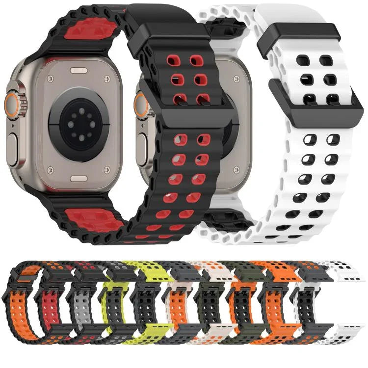 سوار ساعة سيليكون ثنائي اللون ذو صفين من الثقوب بتصميم المحيط، لساعات Apple Watch بمقاسات 46مم / 49مم / 45مم / 44مم