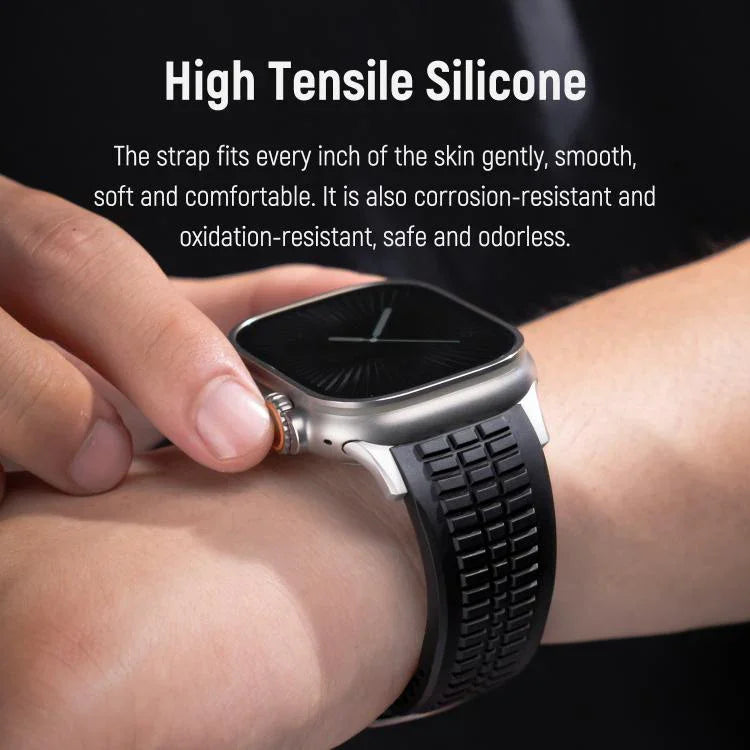 سوار ساعة من السيليكون مع إبزيم قابل للطي بنقشة محببة، لساعات آبل 46مم / 49مم / 45مم / 44مم