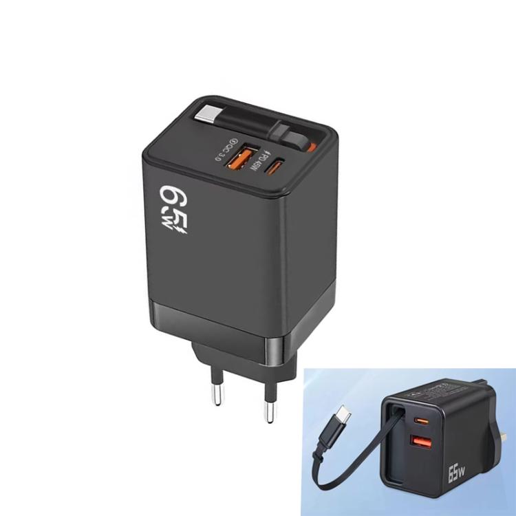 كابل قابل للسحب 3 في 1 بطول 70 سم Type-C، شاحن هاتف USB PD3.0، QC3.0، قابس الاتحاد الأوروبي