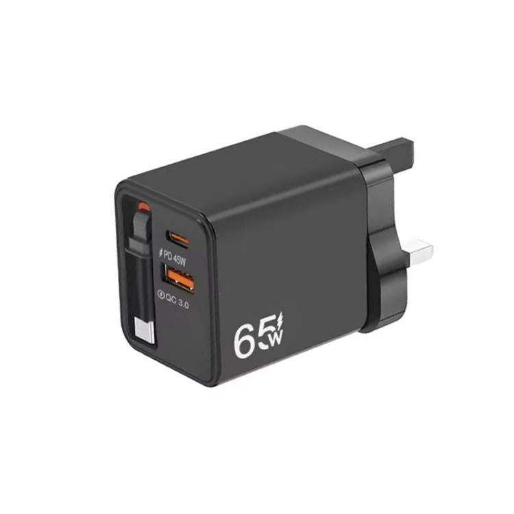 كابل قابل للسحب 3 في 1 بطول 70 سم Type-C، شاحن هاتف USB PD3.0، QC3.0، قابس المملكة المتحدة