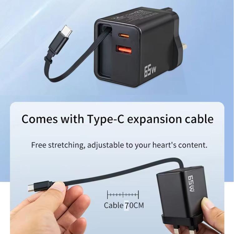 كابل قابل للسحب 3 في 1 بطول 70 سم Type-C، شاحن هاتف USB PD3.0، QC3.0، قابس المملكة المتحدة