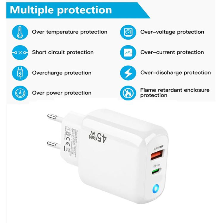 شاحن GaN 45 واط PD3.0 + QC3.0 متوافق بالكامل لبروتوكول الحواسيب المحمولة / الأجهزة اللوحية، قابس الاتحاد الأوروبي، قابس الاتحاد الأوروبي