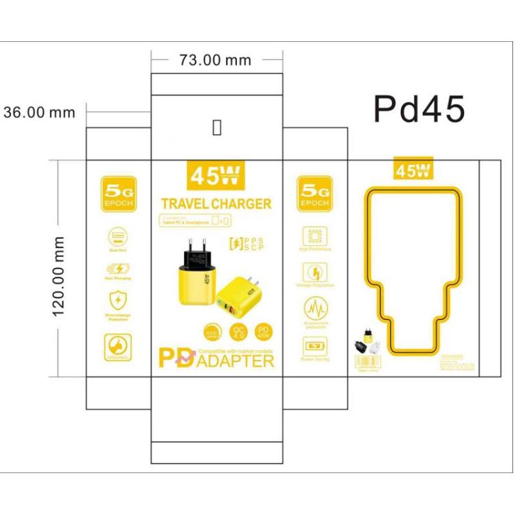 شاحن GaN 45 واط PD3.0 + QC3.0 متوافق بالكامل لبروتوكول الحواسيب المحمولة / الأجهزة اللوحية، قابس الاتحاد الأوروبي، قابس الاتحاد الأوروبي