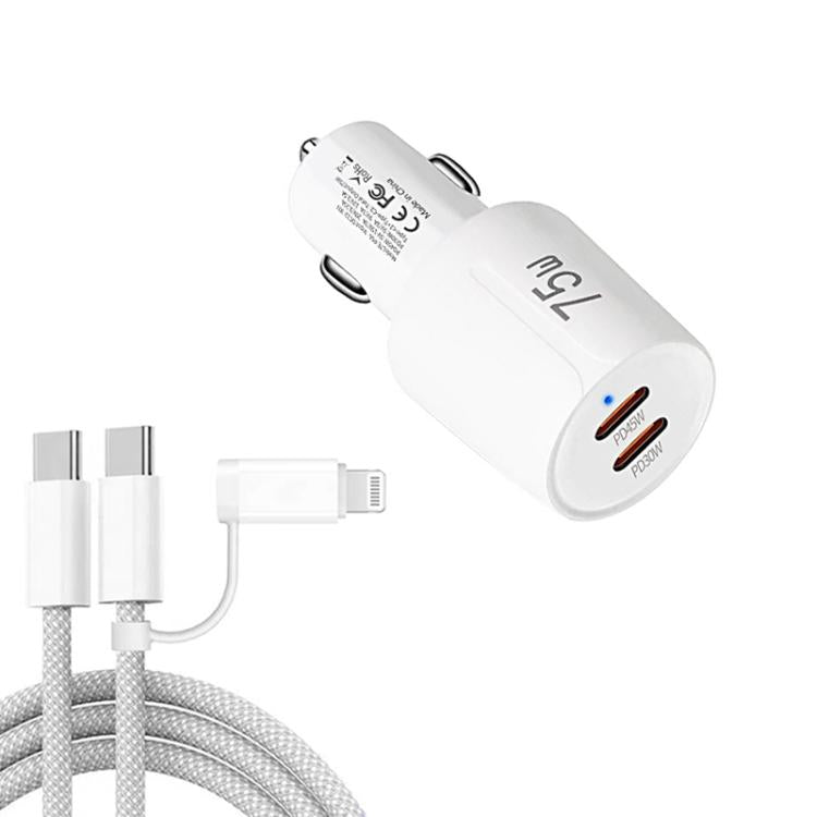 شاحن سيارة سريع مزدوج المنفذ TE-P66 بقوة 75 واط مع منفذي Type-C مع كابل بيانات Type-C إلى Type-C / 8-بن، TE-P66 مع كابل