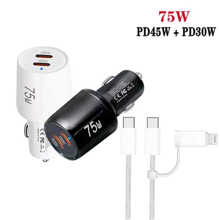 شاحن سيارة سريع مزدوج المنفذ TE-P66 بقوة 75 واط مع منفذي Type-C مع كابل بيانات Type-C إلى Type-C / 8-بن، TE-P66 مع كابل