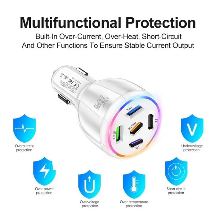 شاحن سيارة متعدد المنافذ TE-P51 بقوة 75 واط مع 3 منافذ USB-C + 2 منافذ USB، TE-P51