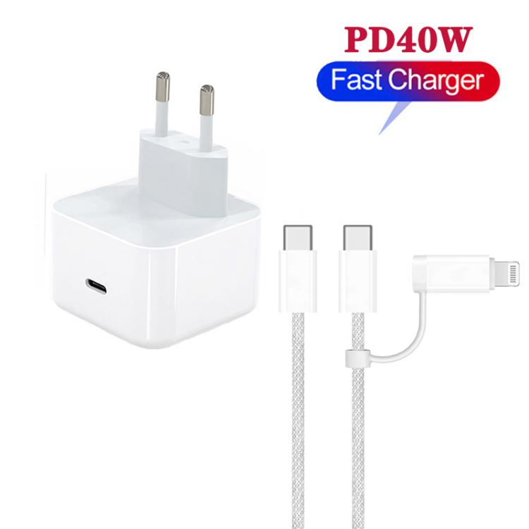 شاحن A3365 PD40W بمنفذ USB-C / Type-C مع كابل بيانات Type-C إلى Type-C / 8 دبوس، قابس أوروبي + كابل 2 في 1 بطول 1 متر