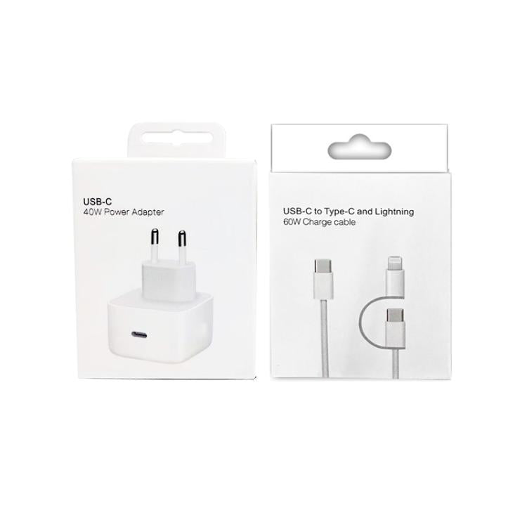 شاحن A3365 PD40W بمنفذ USB-C / Type-C مع كابل بيانات Type-C إلى Type-C / 8 دبوس، قابس أوروبي + كابل 2 في 1 بطول 1 متر