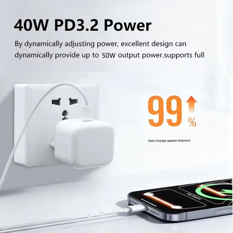 A3365 PD40W USB-C / Type-C Charger with Type-C to Type-C Data Cable, UK Plug, UK Plug + 1m Type-C Cable, UK Plug + 2m Type-C Cable