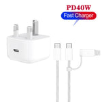 شاحن A3365 PD40W بمنفذ USB-C / Type-C مع كابل بيانات Type-C إلى Type-C / 8 دبوس، قابس بريطاني + كابل 2 في 1 بطول 1 متر