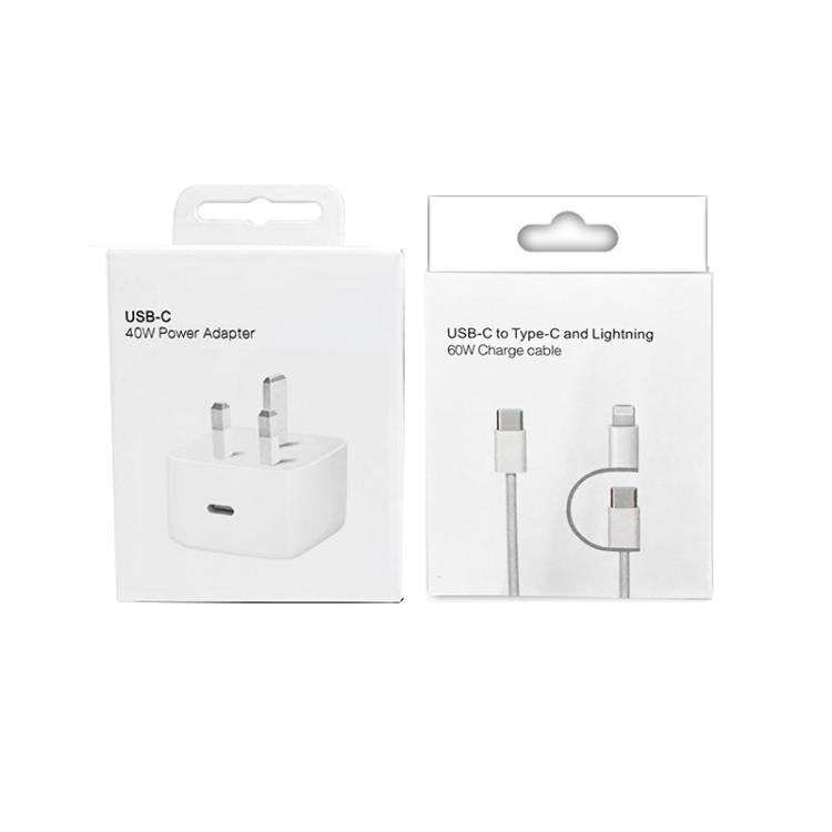 شاحن A3365 PD40W بمنفذ USB-C / Type-C مع كابل بيانات Type-C إلى Type-C / 8 دبوس، قابس بريطاني + كابل 2 في 1 بطول 1 متر