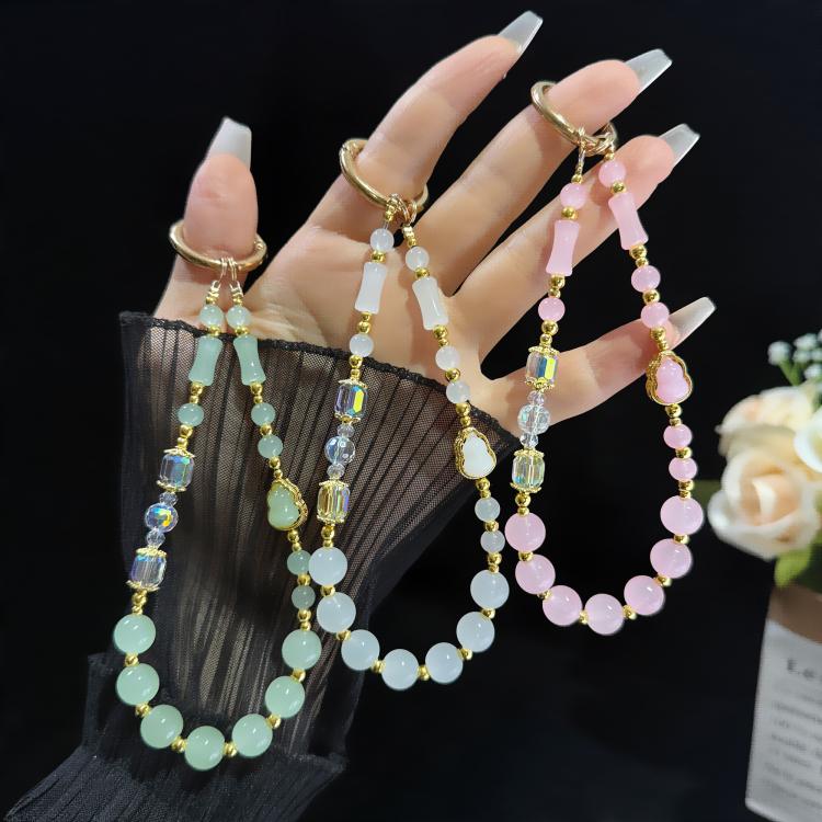 Elegant Gourd Bamboo Jade Beaded Phone Chain, Pink, White, Green