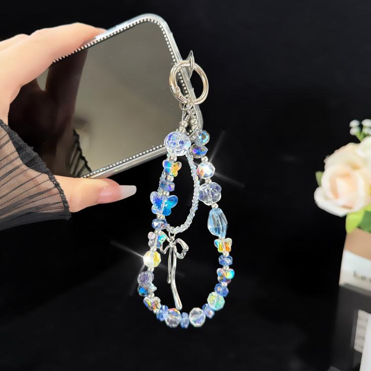سلسلة هاتف مزدوجة متوهجة بشكل فيونكة كريستال خيالية أثيرية، وردي، أزرق