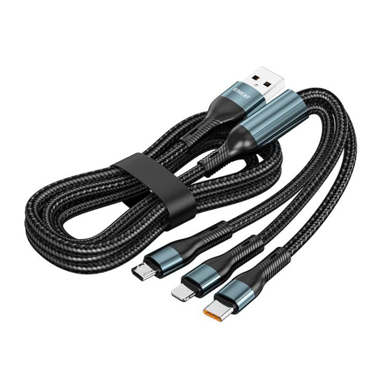 كابل شحن سريع ENKAY 3 في 1 بقوة 120 واط USB إلى 8 دبابيس / Type-C / Micro USB مضفر من النايلون، الطول: 1.2 متر، ENK-CB184