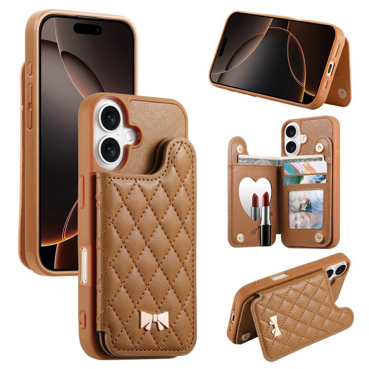 غطاء هاتف محفظة بطاقات من الجلد النباتي المعدني بنقشة ماسية مع عقدة فيونكة ومرآة، لهواتف iPhone 17 Pro Max، iPhone 17 Pro، iPhone 17، iPhone 16 Pro Max، iPhone 16 Pro، iPhone 16 Plus، iPhone 16
