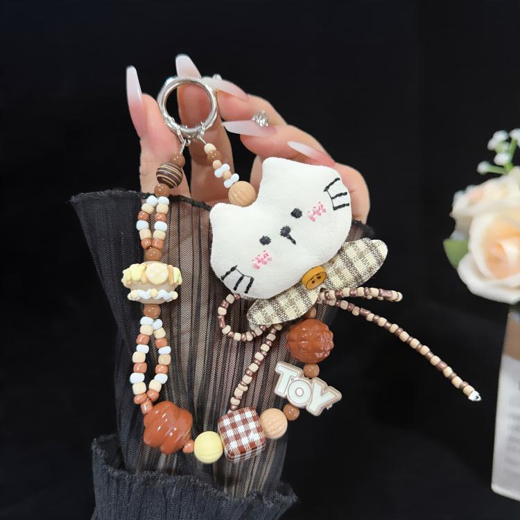 Fabric Kitten and Plush Rabbit Phone Charm, Gray, White