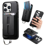غطاء هاتف بحقيبة بطاقات مغناطيسية قابلة للفصل مع حلقة إصبع وحبل مضاد للفقدان، لهواتف iPhone 14، iPhone 14 Pro، iPhone 14 Pro Max
