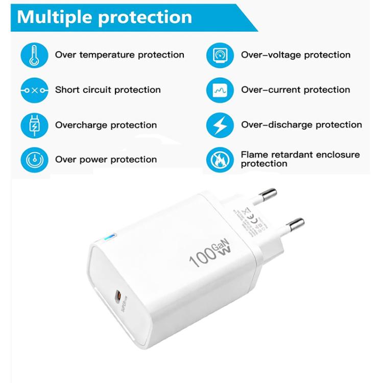 شاحن TE-PD46 GaN بقوة 100 واط PD و45 واط متوافق بالكامل مع كابل بيانات Type-C إلى Type-C، قابس أوروبي