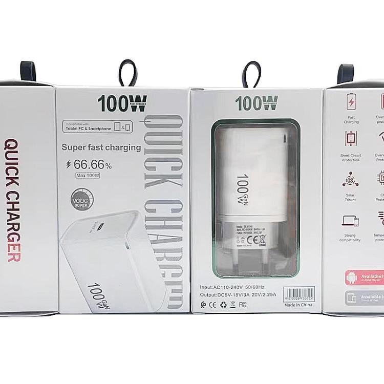 شاحن TE-PD46 GaN بقوة 100 واط PD و45 واط متوافق بالكامل مع كابل بيانات Type-C إلى Type-C، قابس أوروبي