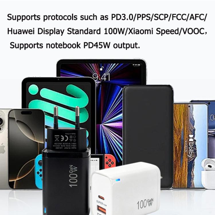 PD47 100W GaN PD Type-C, QC3.0 USB Fully Compatible Protocol Charger, EU Plug, EU Plug