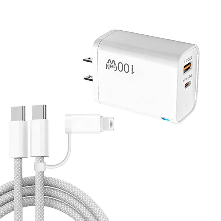 PD47 100W GaN PD Type-C + QC3.0 USB Charger with Type-C to Type-C / 8-Pin Data Cable, US Plug, US Plug