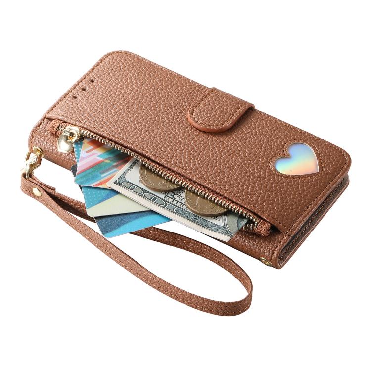Fantasy Love Heart Zipper Wallet Vegan Leather Phone Case with Strap, For iPhone 13