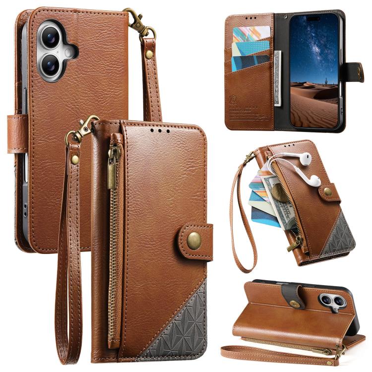 غطاء هاتف محفظة بسحاب من الجلد النباتي مع حزام، لهواتف iPhone 17 Pro Max، iPhone 17 Pro، iPhone 17، iPhone Air، iPhone 16 Pro Max، iPhone 16 Pro، iPhone 16 Plus، iPhone 16