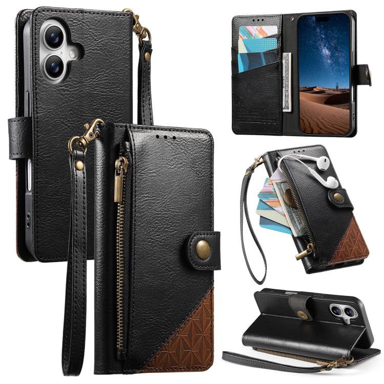 غطاء هاتف محفظة بسحاب من الجلد النباتي مع حزام، لهواتف iPhone 17 Pro Max، iPhone 17 Pro، iPhone 17، iPhone Air، iPhone 16 Pro Max، iPhone 16 Pro، iPhone 16 Plus، iPhone 16