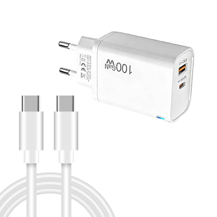 PD47 GaN 100W PD Type-C + QC3.0 USB Charger with Type-C to Type-C Data Cable, EU Plug, EU Plug