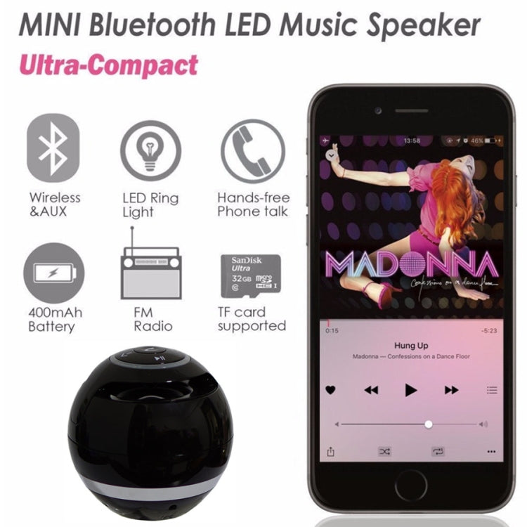 مكبر صوت كروي T&G A18 مع ضوء LED مكبر صوت محمول لاسلكي صغير موسيقى محمولة MP3 مضخم صوت يدعم TF، أسود، أزرق، وردي، أبيض
