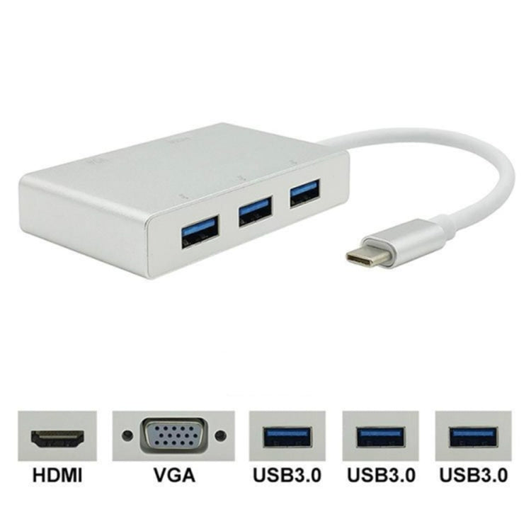 محول موزع USB C إلى HDMI وVGA وUSB 5 في 1 USB 3.1 للابتوب لماك بوك، كروم بوك بيكسل، هواوي ميت بوك، HDMI+VGA+3xUSB3.0 إلى Type-C