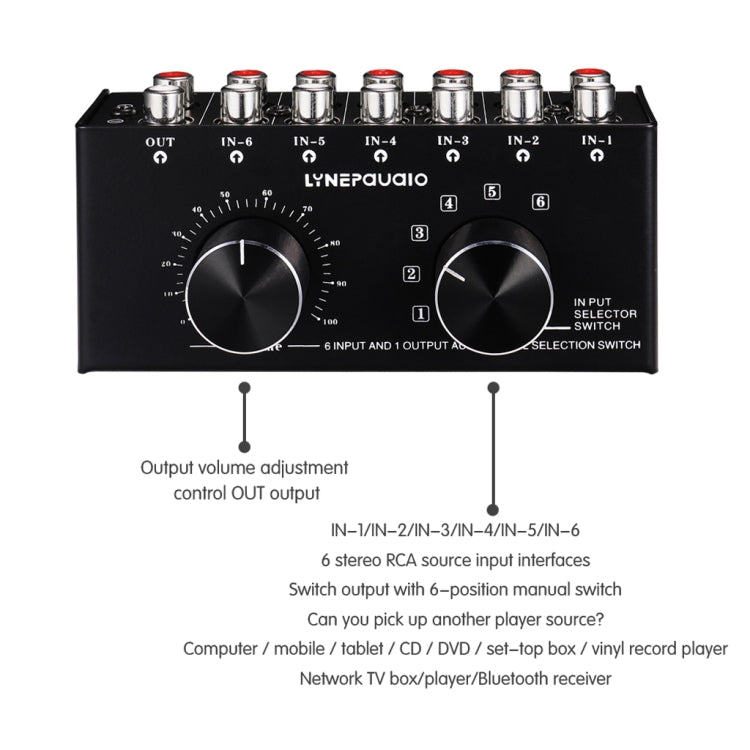 مفتاح اختيار مصدر إشارة صوتية 6 مدخلات 1 مخرج B016، تحكم ضبط مستوى الصوت للمخرج، منفذ RCA، 6 مدخلات 1 مخرج
