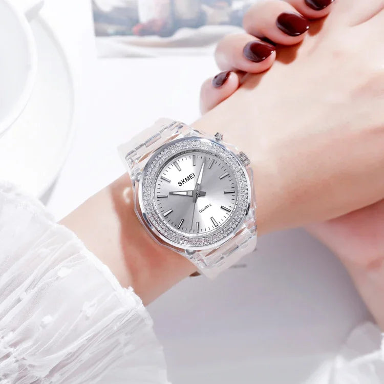 SkMEI 1553 Women LED Color Light Transparent Waterproof Watch Inlaid With Water Drill