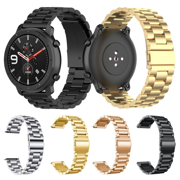 Applicable To Ticwatch Generation / Moto360 Second Generation 460 / Samsung GearS3 / Huawei GT Universal 22mm Stainless Steel Metal Strap Butterfly Buckle Three Beads, black, gold, rose gold, Silver