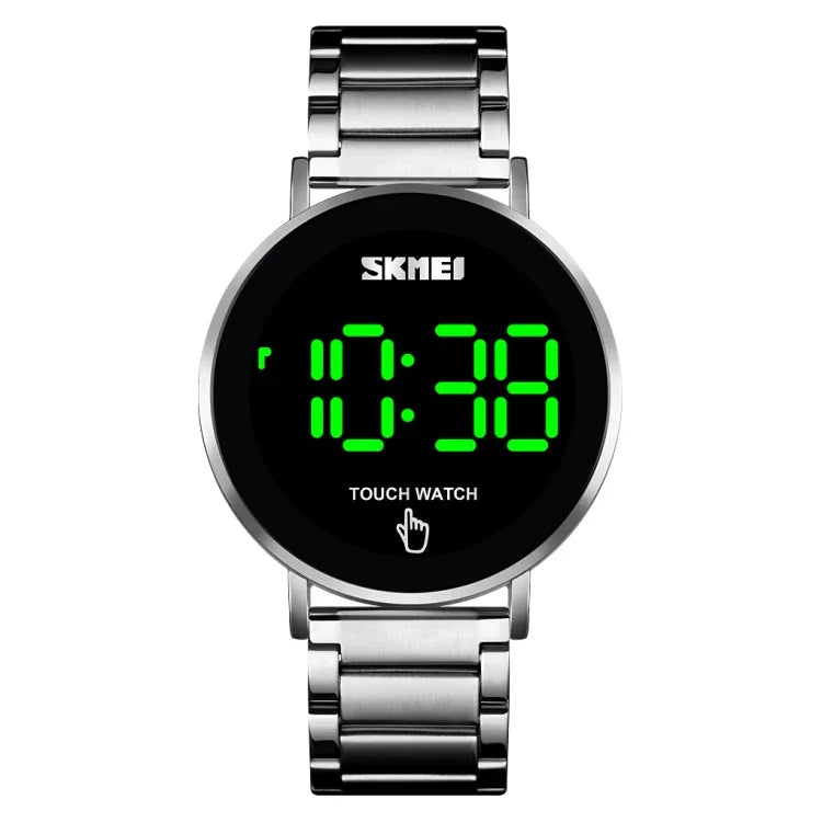 ساعة رجالية بسيطة وأنيقة من SKMEI 1550 بشاشة لمس LED مقاومة للماء من الفولاذ المقاوم للصدأ مع ساعة إلكترونية