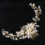 عصابة رأس تاج لؤلؤة ذهبية، مشط شعر كريستال مرصع بالراين، تاج عروس