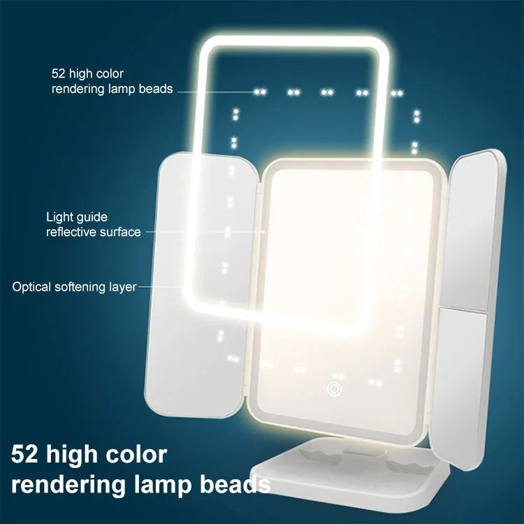 مرآة مكياج LED بسيطة وأنيقة بثلاث طيات مربعة، مصباح أحادي اللون قابل للتوصيل، نموذج شحن مصباح أحادي اللون، نموذج شحن ضوء ثلاثي الألوان