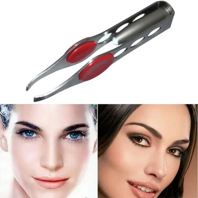 مشبك حواجب LED مع ضوء ملقط حواجب بمقبض من الفولاذ المقاوم للصدأ أداة تجميل حواجب بأربعة ثقوب