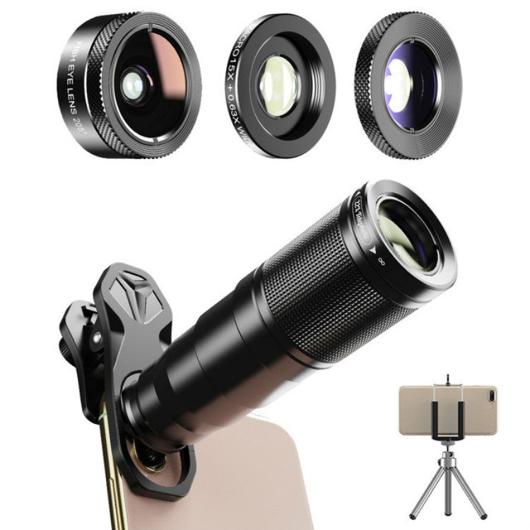 مجموعة عدسات خارجية معدنية عالمية APEXEL APL-22X105 4 في 1 بتكبير 22X تليفوتوغرافي + عين السمكة + زاوية واسعة + ماكرو + استقطاب ضوء النجوم