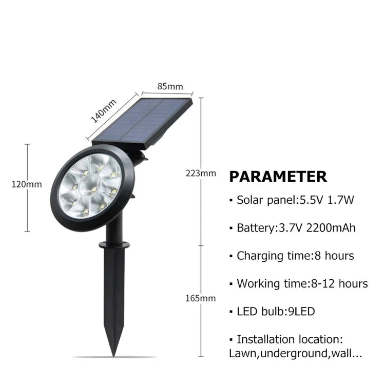أضواء حديقة شمسية LED مع 9 LED، مقاومة للماء IP65، قابلة للتعديل، أضواء خارجية ملونة متغيرة، ضوء دافئ + ضوء أبيض
