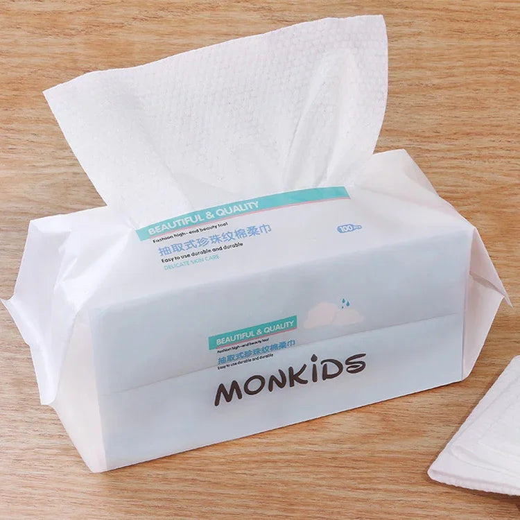مناديل وجه للاستخدام مرة واحدة من MONKIDS KS037، قطن نقي مع ملمس لؤلؤي، 100 قطعة
