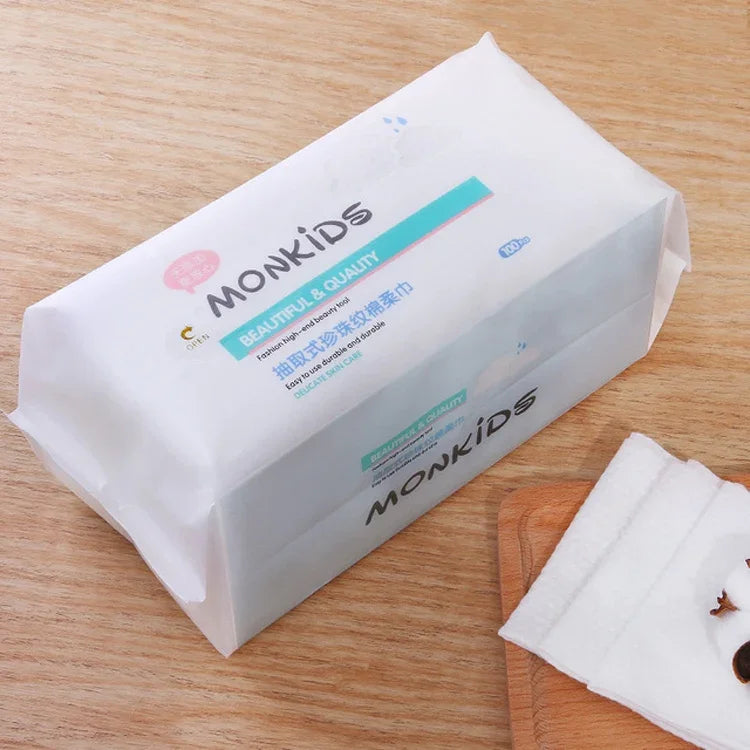 مناديل وجه للاستخدام مرة واحدة من MONKIDS KS037، قطن نقي مع ملمس لؤلؤي، 100 قطعة