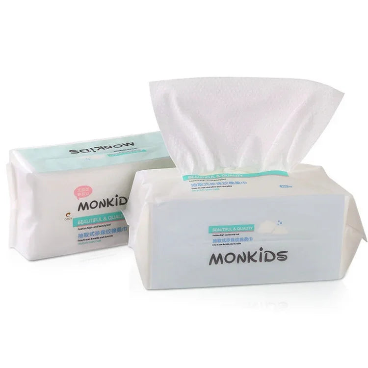 مناديل وجه للاستخدام مرة واحدة من MONKIDS KS037، قطن نقي مع ملمس لؤلؤي، 100 قطعة