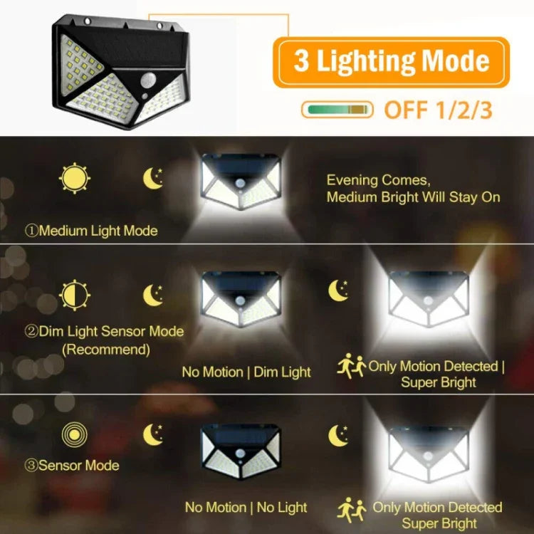 مصباح حائط استشعاري شمسي خارجي 100 LED للفناء، إضاءة شرفة وحديقة قابلة للتعديل، ضوء شارع صغير، 1 قطعة 100 LED، 2 قطعة 100 LED