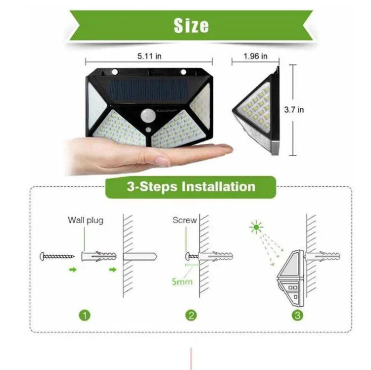 مصباح حائط استشعاري شمسي خارجي 100 LED للفناء، إضاءة شرفة وحديقة قابلة للتعديل، ضوء شارع صغير، 1 قطعة 100 LED، 2 قطعة 100 LED