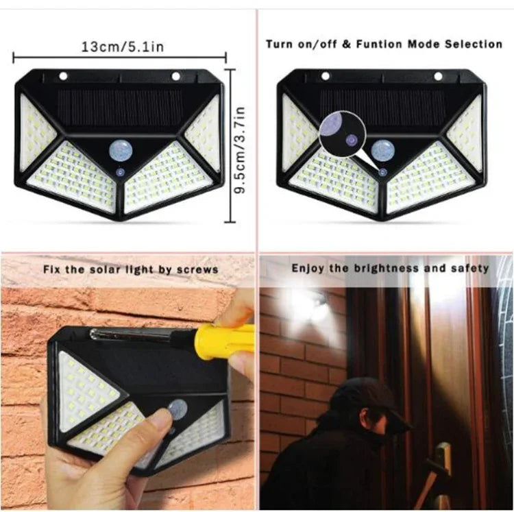 مصباح حائط استشعاري شمسي خارجي 100 LED للفناء، إضاءة شرفة وحديقة قابلة للتعديل، ضوء شارع صغير، 1 قطعة 100 LED، 2 قطعة 100 LED