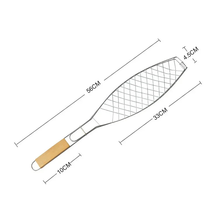 Chrome Plated Wooden Handle Single Fish Barbecue Net Clip Outdoor Grilled Fish Clip Barbecue Tool