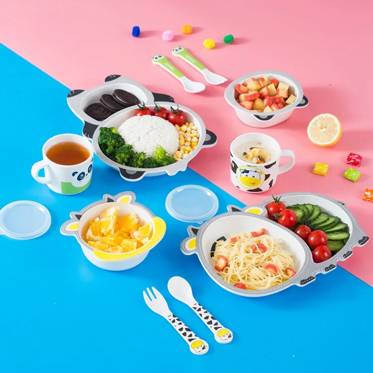 Bamboo Fiber Children Tableware Set Household Cute Cartoon Baby Food Supplement Plate Set, 040 Giraffe, 041 Cow, 042 Lion, 043 Monkey, 044 Panda, 045 Frog