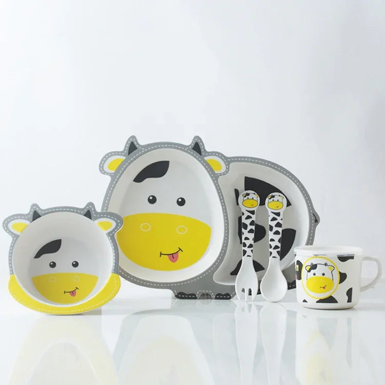 Bamboo Fiber Children Tableware Set Household Cute Cartoon Baby Food Supplement Plate Set, 040 Giraffe, 041 Cow, 042 Lion, 043 Monkey, 044 Panda, 045 Frog