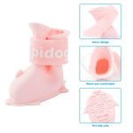 Waterproof cartoon dog shoes in pink, featuring velcro design and non-slip sole for comfort and stability.